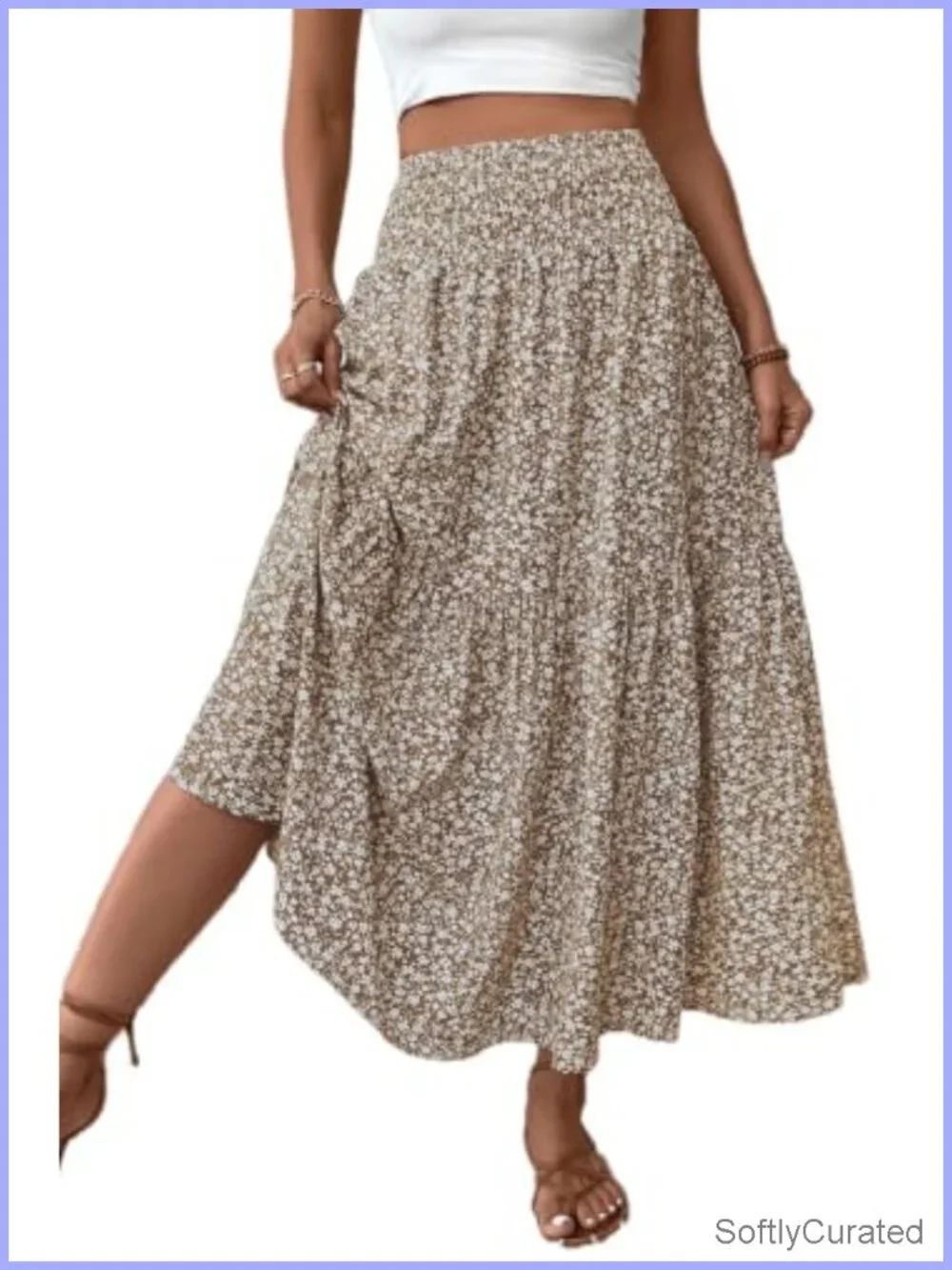 Boho Maxi Skirt Floral Smocked High Waist Long Skirts with Pockets Flowy Beach